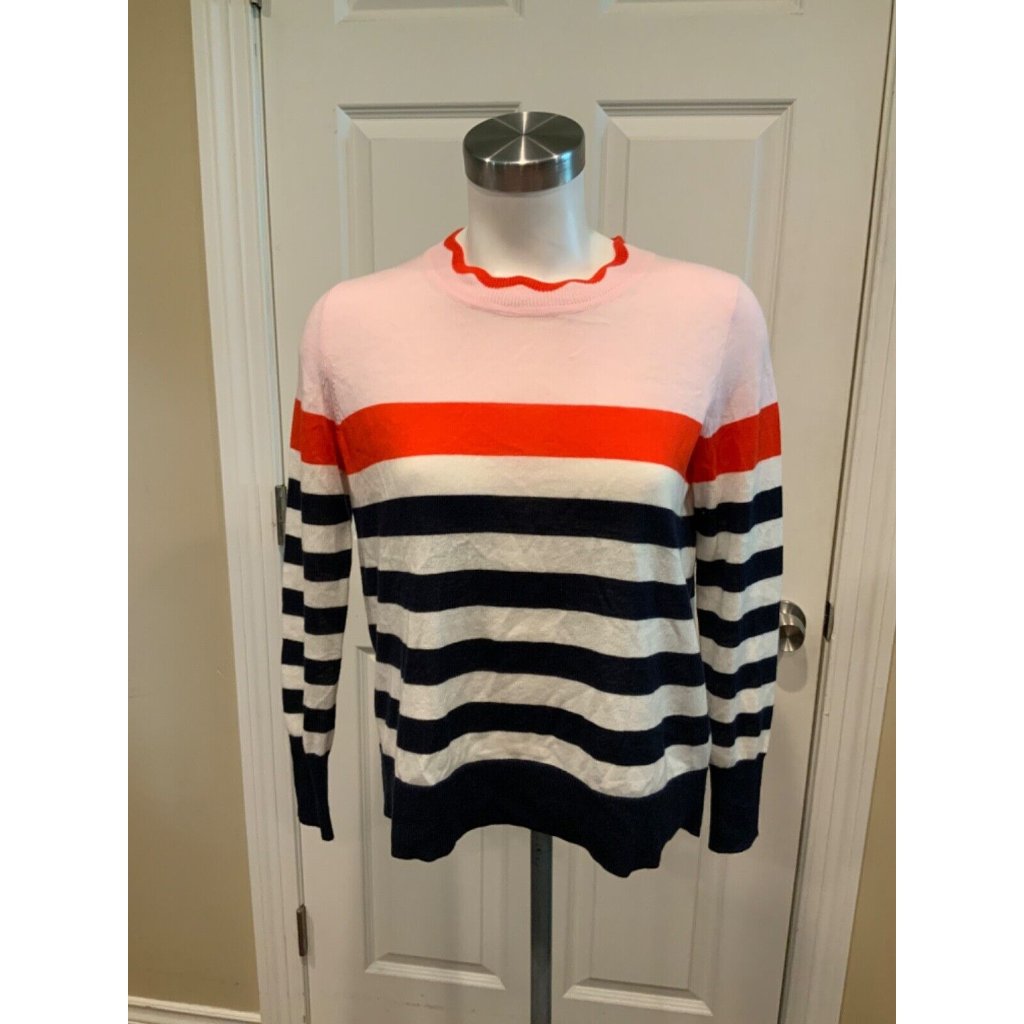 J.Crew White, Blue, Pink Striped Thin Knit Scallop Neck Sweater, Size Xxs